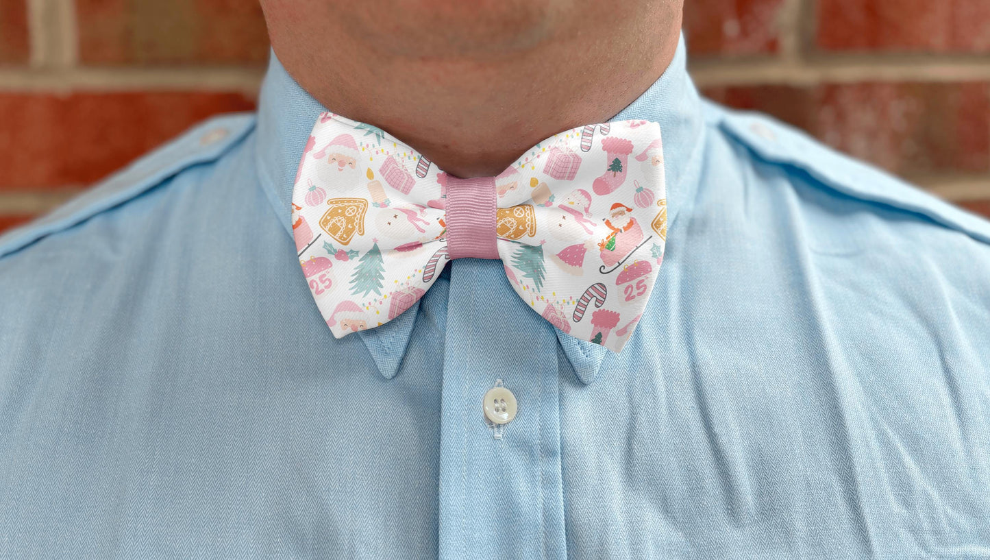 Sugarplum Santa Christmas Bow Tie • Pastel Holiday Icons • Pink Green White Festive Design • Boy Bow Tie • Men's Bow Tie • Handmade
