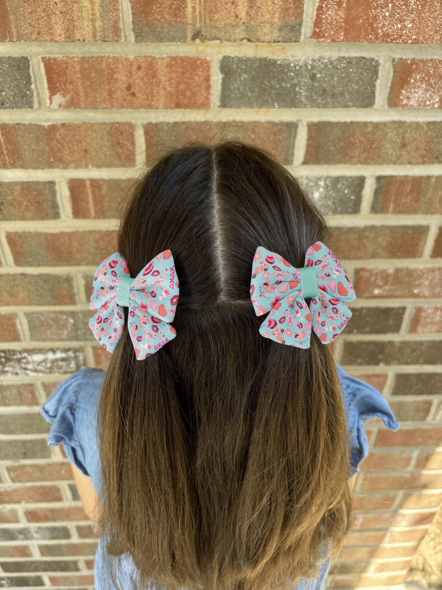 Valentine's Cupid Love Hair Bow • Aqua Blue Hearts & Cupids Design • Girl Hair Bow • Women Hair Bow • Handmade
