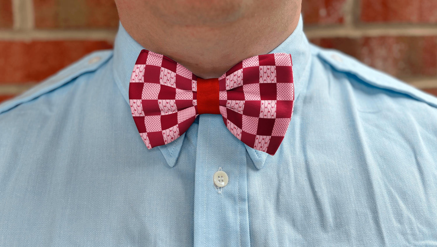 Sweetheart Patchwork Bow Tie • Whimsical Pink & Burgundy Hearts Design • Boy Bow Tie • Mens Bow Tie • Handmade