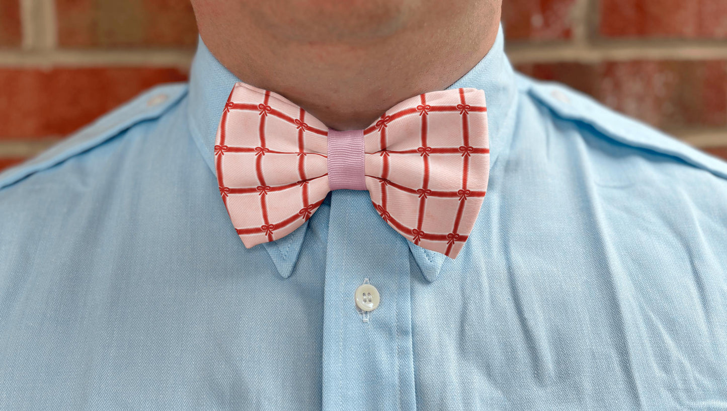 Gifted Love Bow Tie • Red Grid & Bow Pattern on Warm Coral-Pink Background • Boy Bow Tie • Mens Bow Tie • Handmade