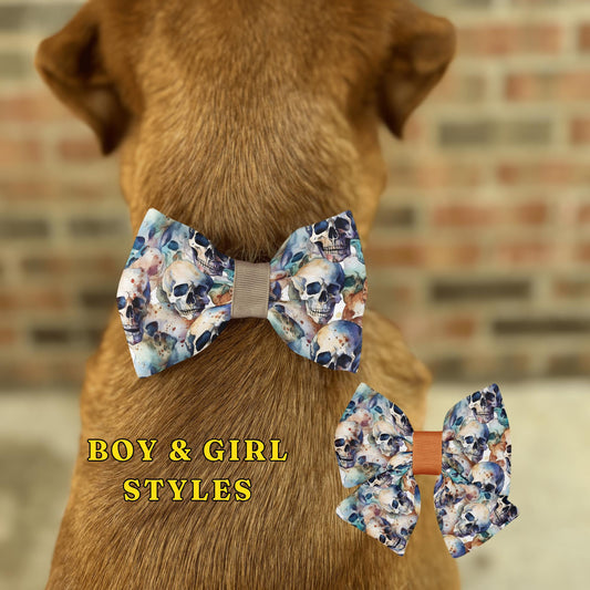 Watercolor Skulls Pet Bow Tie • Blue Green Beige Brown Artistic Skull Design • Dog Bow Tie • Cat Bow Tie • Handmade