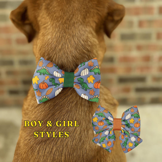 Autumn Dinosaur Dog & Cat Bow Tie • Green Dinosaurs • Pumpkins and Fall Leaves • 21 Ribbon Colors • Dog Bow Tie • Cat Bow Tie • Handmade