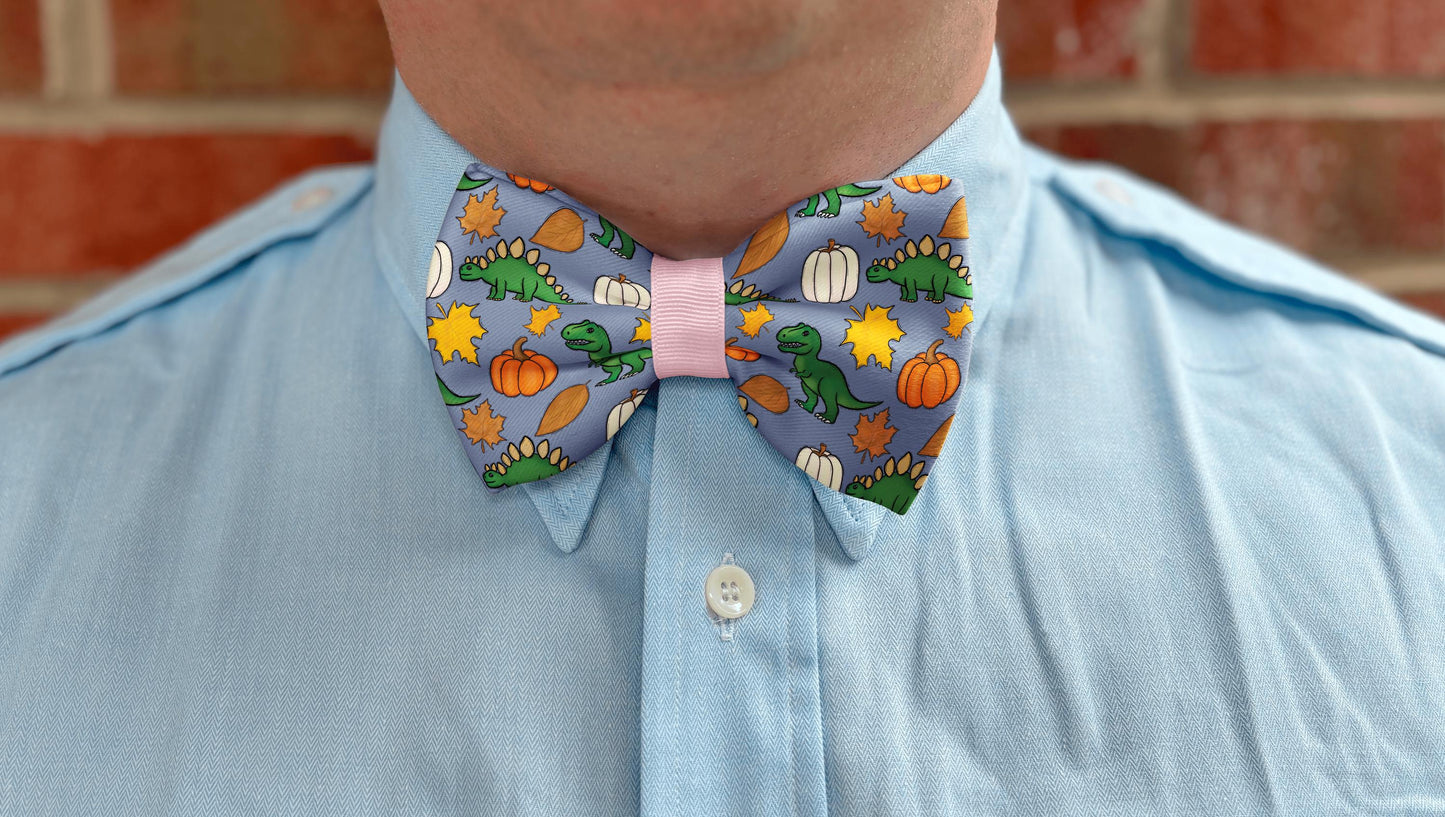 Autumn Dinosaur Bow Tie for Boys & Men • Fun Dinosaur and Pumpkin Design • 21 Ribbon Color Options • Boy Bow Tie • Mens Bow Tie • Handmade