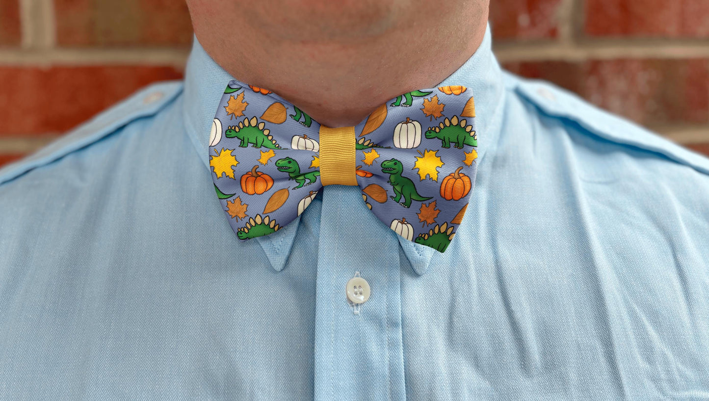 Autumn Dinosaur Bow Tie for Boys & Men • Fun Dinosaur and Pumpkin Design • 21 Ribbon Color Options • Boy Bow Tie • Mens Bow Tie • Handmade