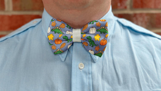 Autumn Dinosaur Bow Tie for Boys & Men • Fun Dinosaur and Pumpkin Design • 21 Ribbon Color Options • Boy Bow Tie • Mens Bow Tie • Handmade