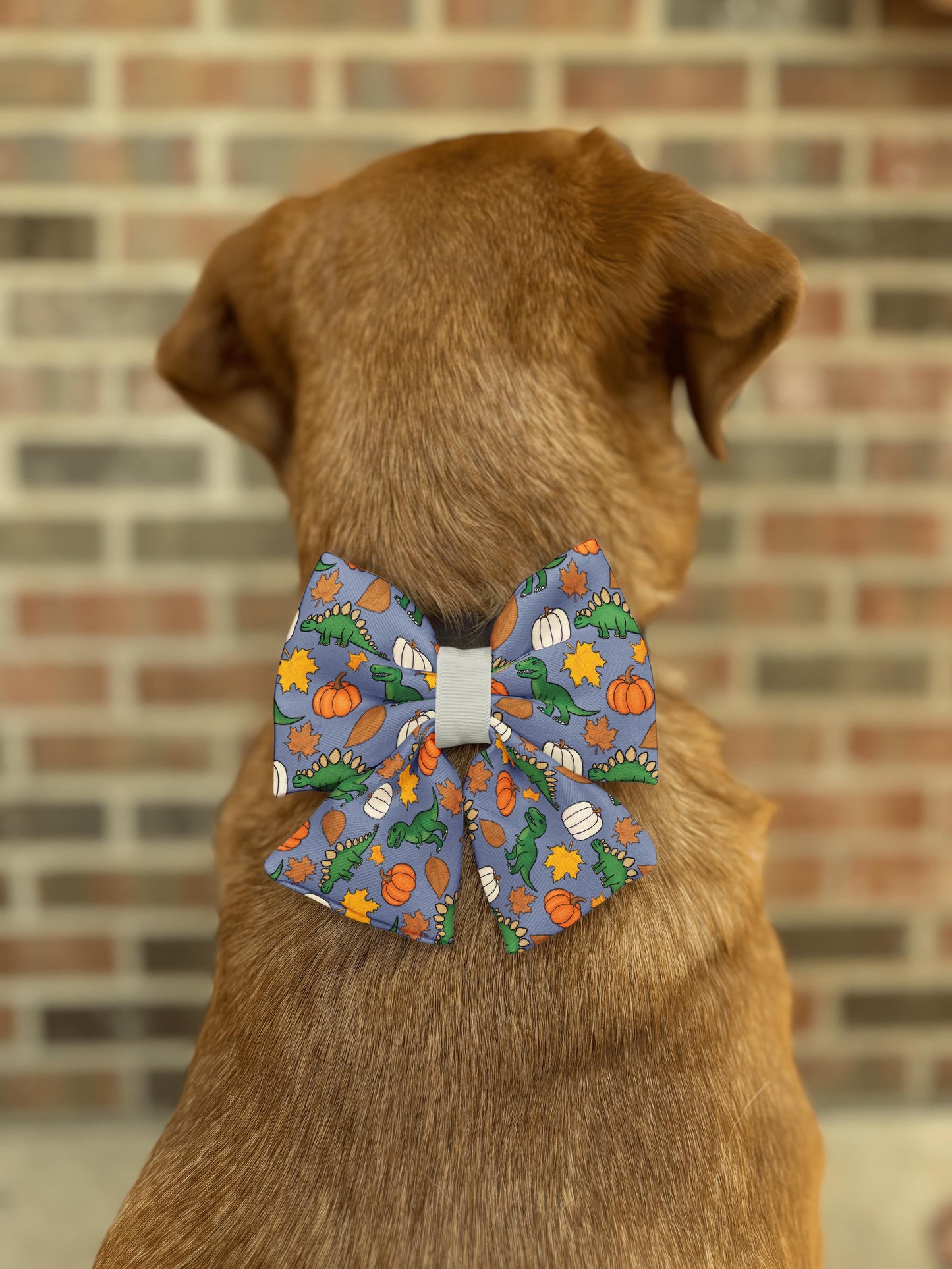 Autumn Dinosaur Dog & Cat Bow Tie • Green Dinosaurs • Pumpkins and Fall Leaves • 21 Ribbon Colors • Dog Bow Tie • Cat Bow Tie • Handmade