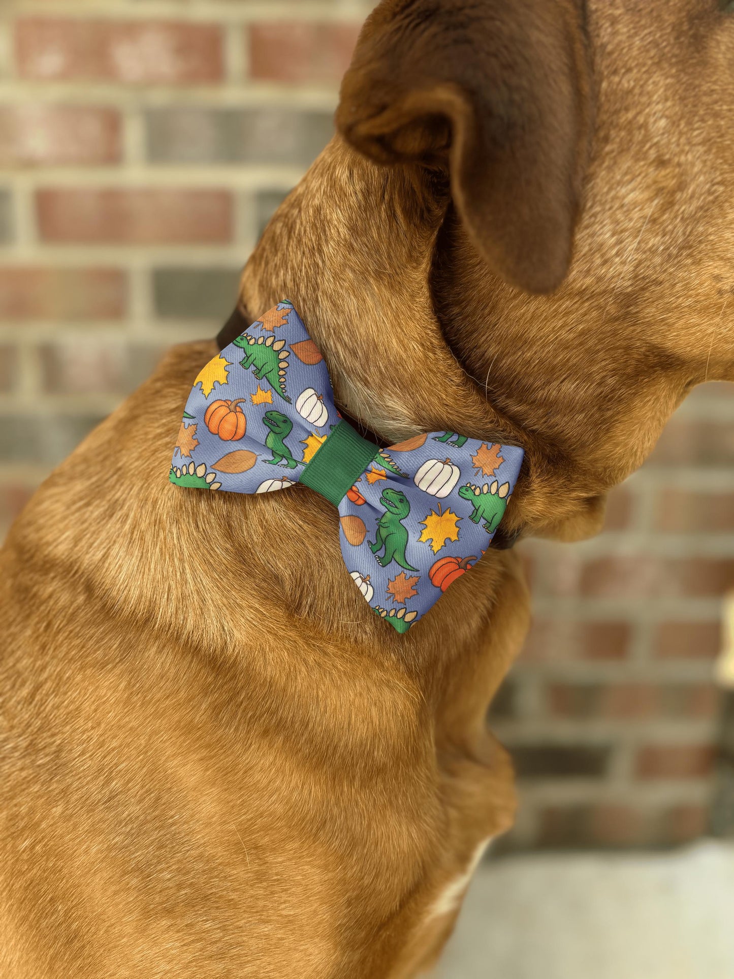 Autumn Dinosaur Dog & Cat Bow Tie • Green Dinosaurs • Pumpkins and Fall Leaves • 21 Ribbon Colors • Dog Bow Tie • Cat Bow Tie • Handmade