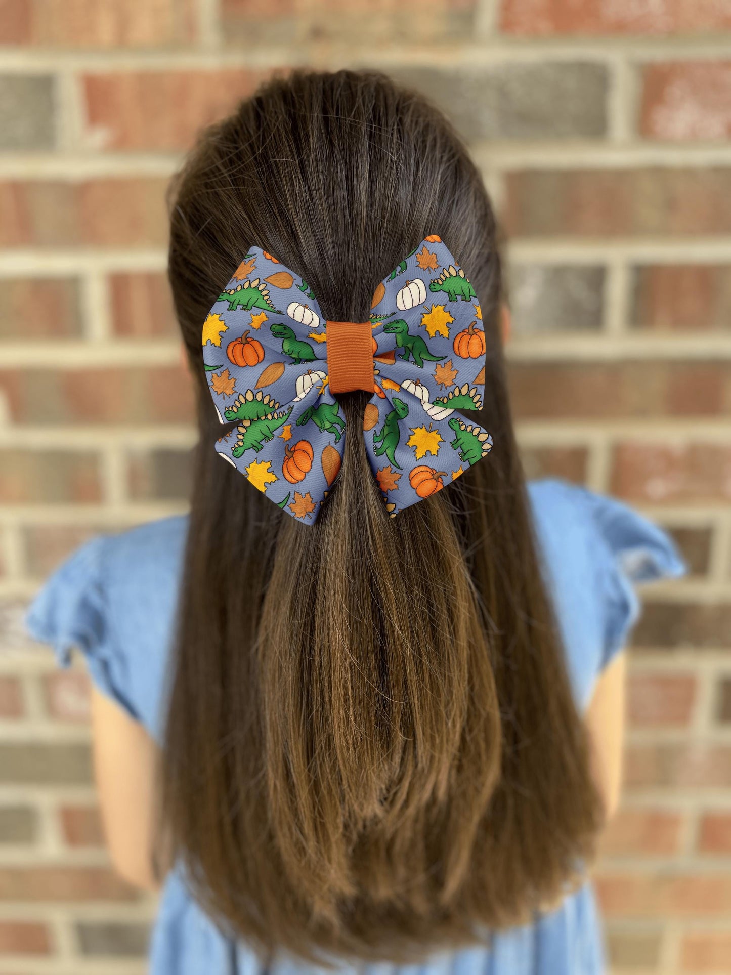 Autumn Dinosaur Hair Bow with Green Dinosaurs & Pumpkins • 21 Ribbon Colors • Girl Hair Bow • Women Hair Bow • Handmade