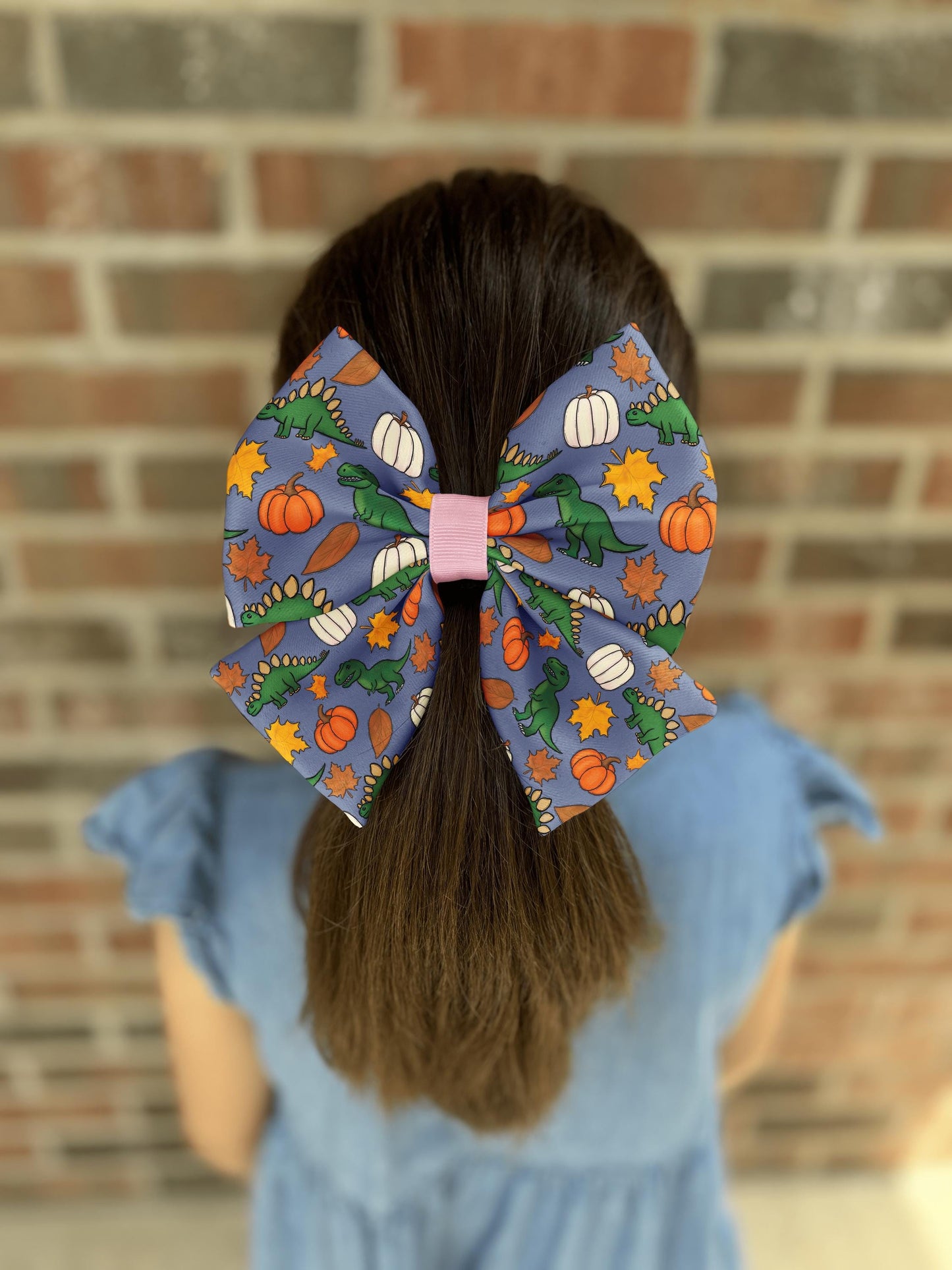Autumn Dinosaur Hair Bow with Green Dinosaurs & Pumpkins • 21 Ribbon Colors • Girl Hair Bow • Women Hair Bow • Handmade