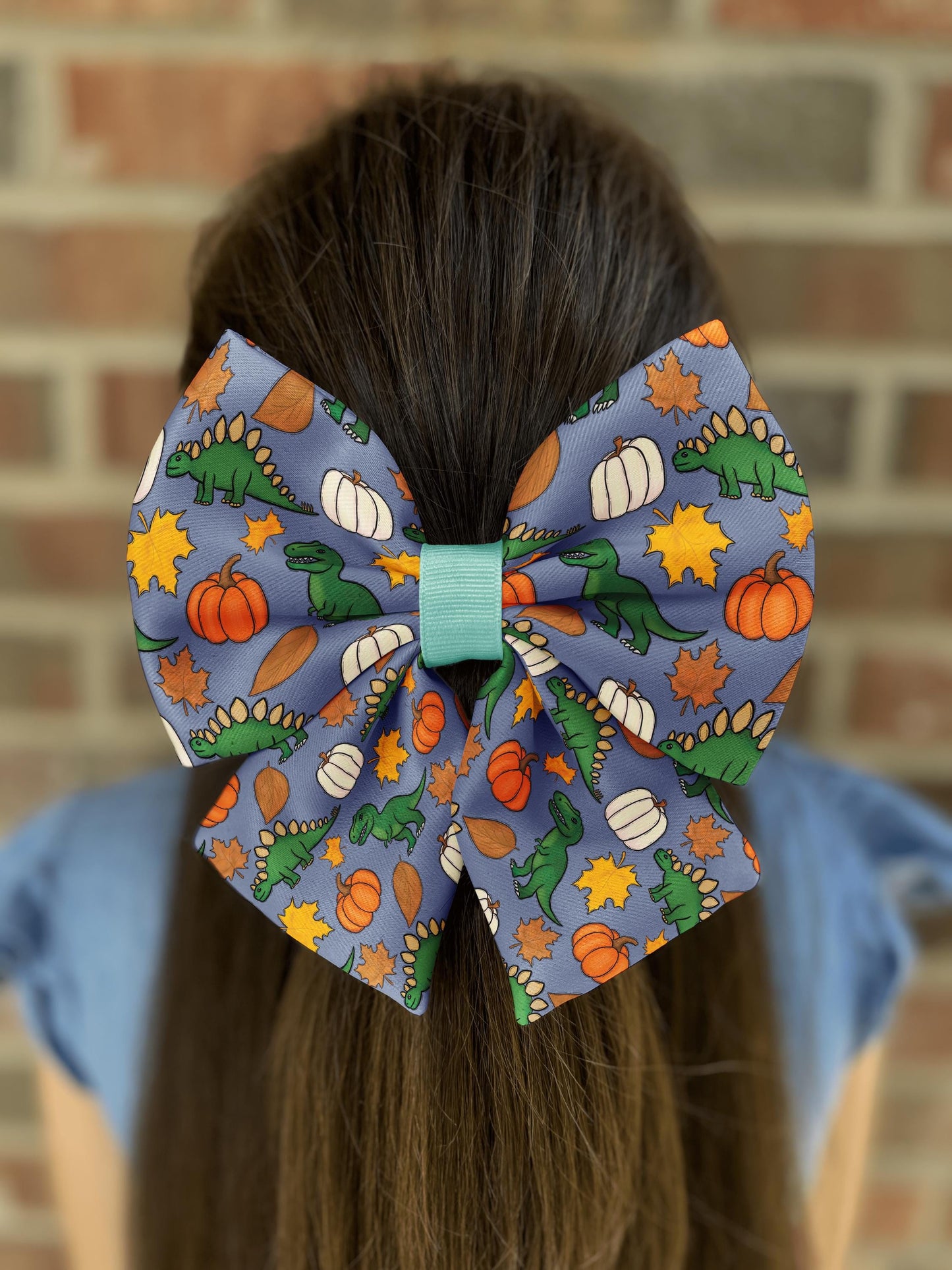 Autumn Dinosaur Hair Bow with Green Dinosaurs & Pumpkins • 21 Ribbon Colors • Girl Hair Bow • Women Hair Bow • Handmade