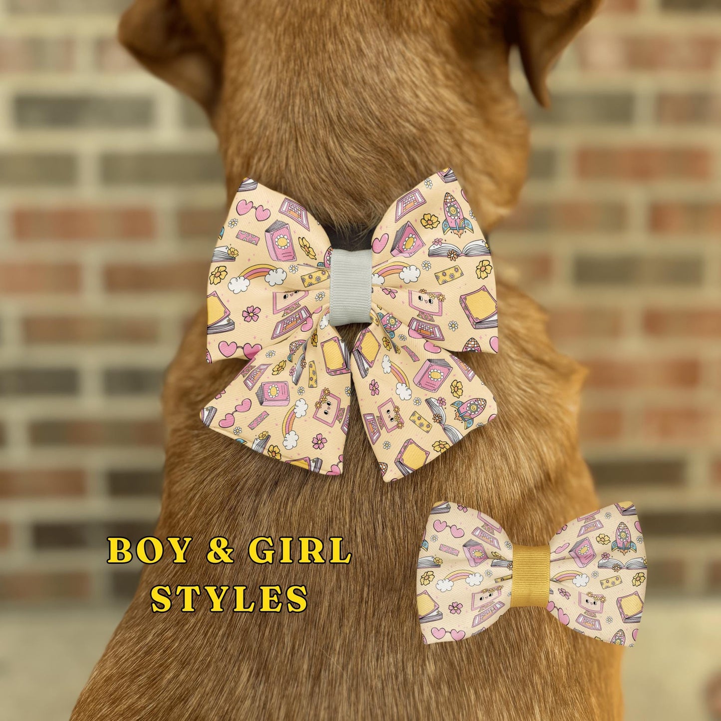 Back-to-School Blossoms Pet Bow Tie • Colorful School-Themed Pattern with Books, Computers, Pencils • Dog Bow Tie • Cat Bow Tie • Handmade