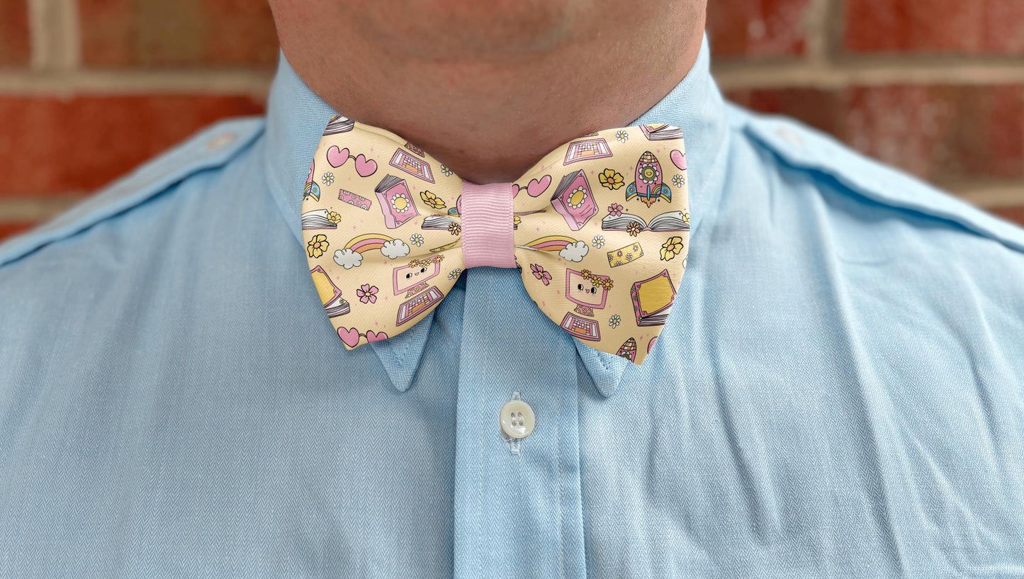 Back-to-School Blossoms Bow Tie • Colorful School-Themed Pattern with Books, Computers, Pencils • Boy Bow Tie • Mens Bow Tie • Handmade