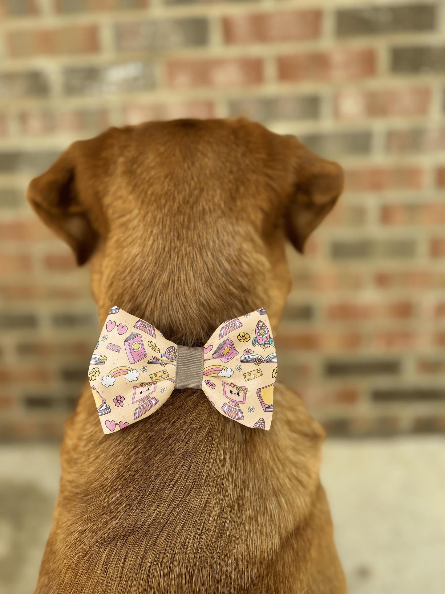 Back-to-School Blossoms Pet Bow Tie • Colorful School-Themed Pattern with Books, Computers, Pencils • Dog Bow Tie • Cat Bow Tie • Handmade