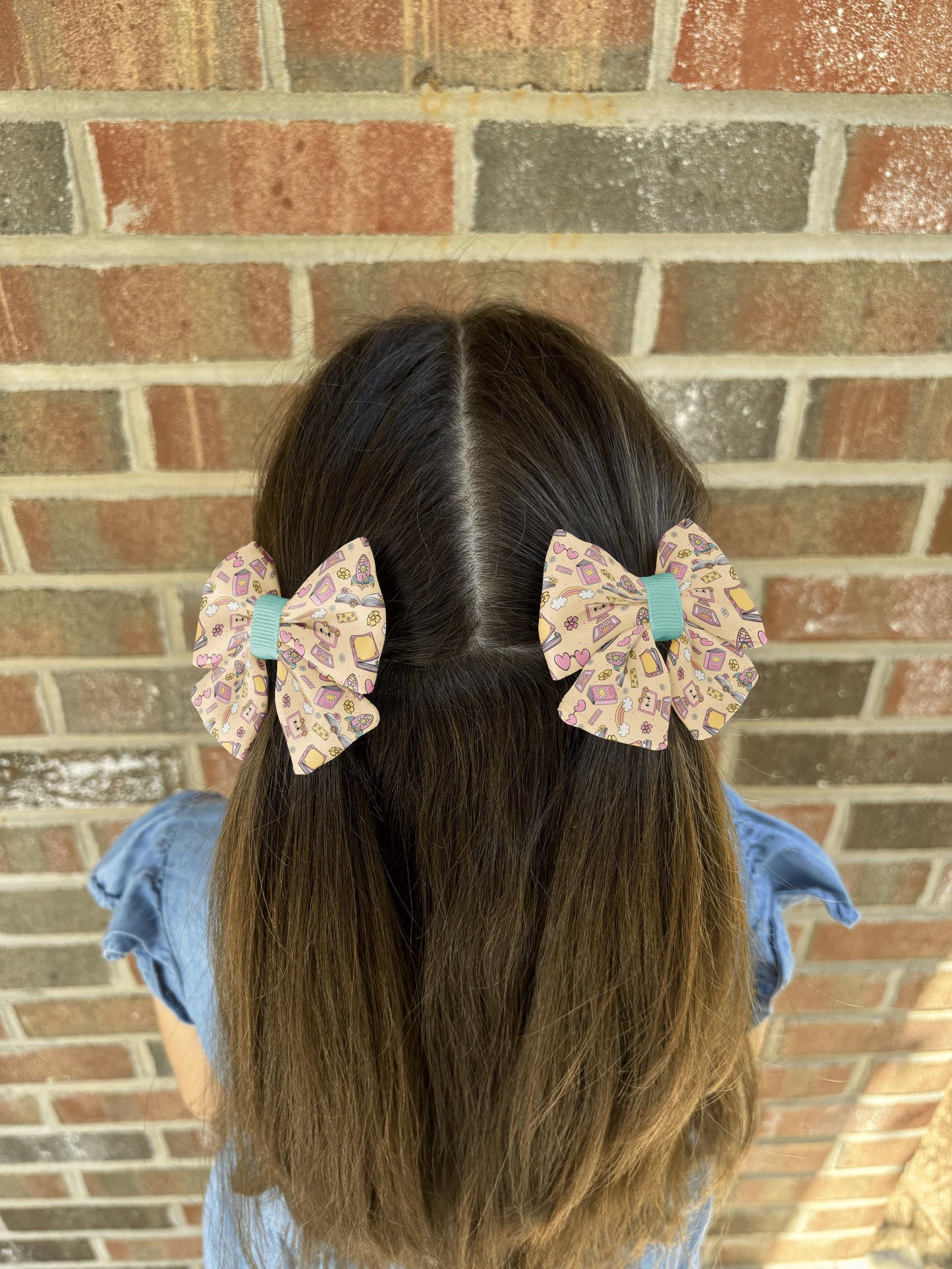 Back-to-School Blossoms Bow Tie • Colorful School-Themed Pattern with Books, Computers, Pencils • Girl Hair Bow • Women Hair Bow • Handmade