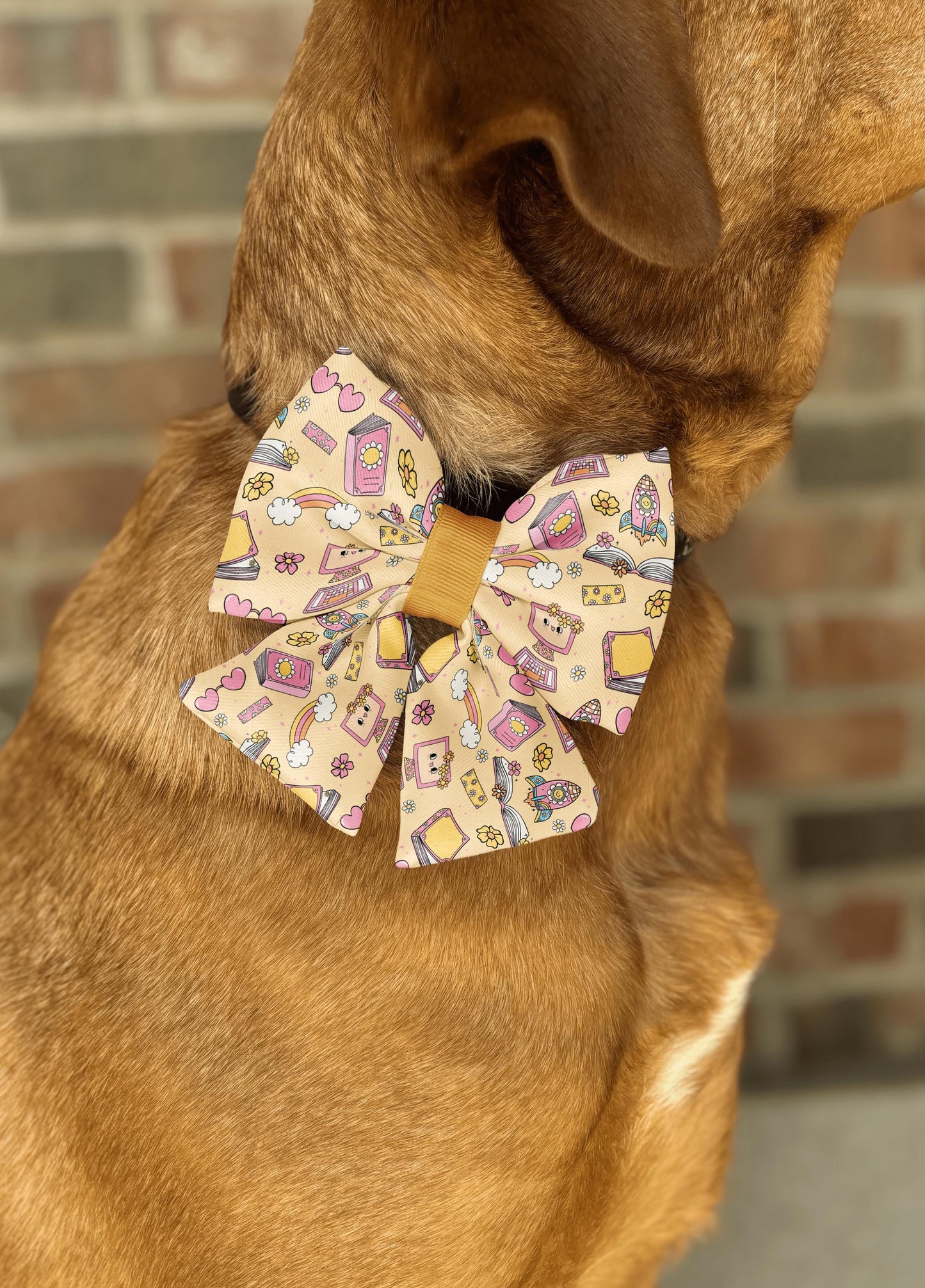 Back-to-School Blossoms Pet Bow Tie • Colorful School-Themed Pattern with Books, Computers, Pencils • Dog Bow Tie • Cat Bow Tie • Handmade