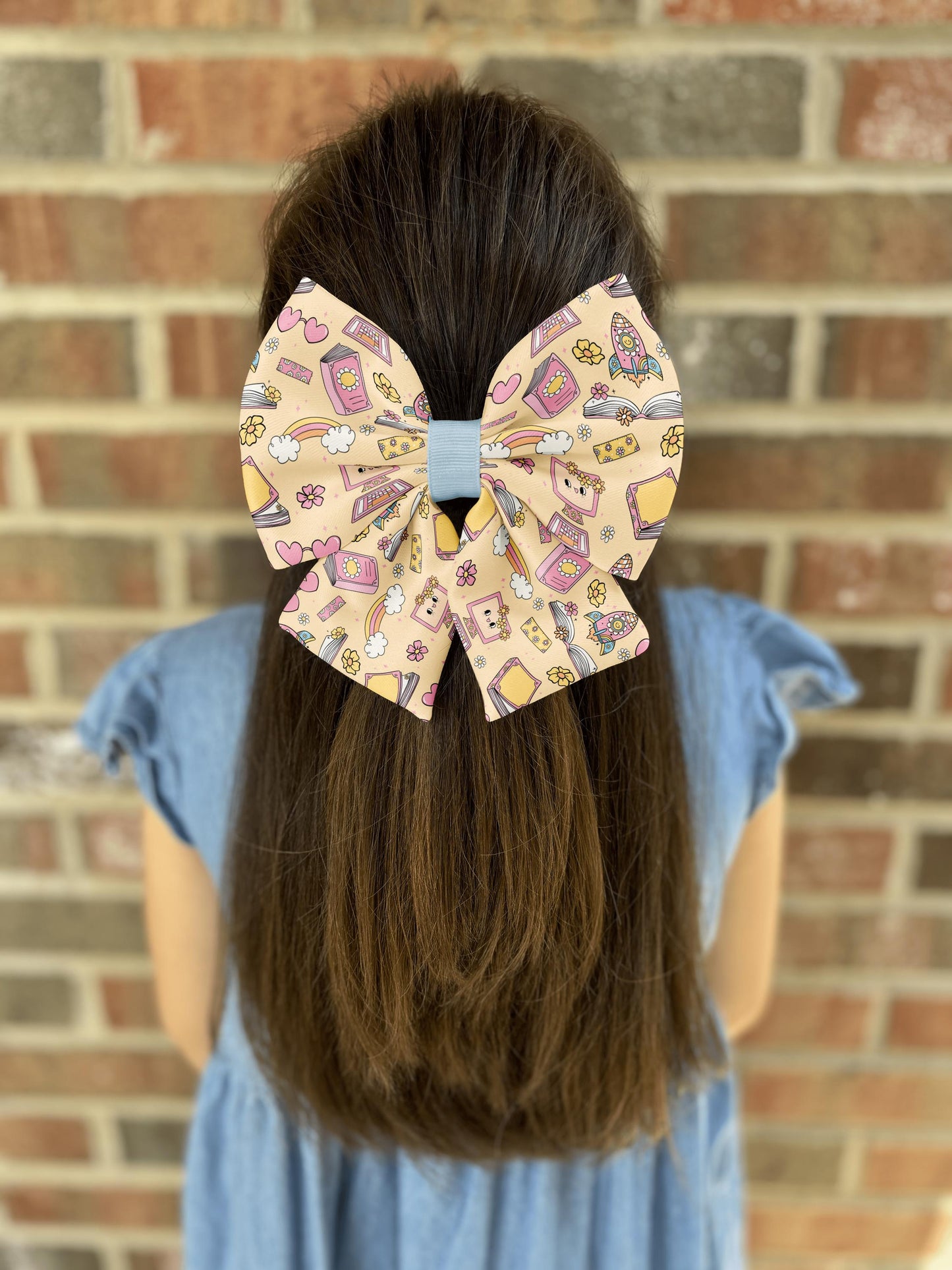 Back-to-School Blossoms Bow Tie • Colorful School-Themed Pattern with Books, Computers, Pencils • Girl Hair Bow • Women Hair Bow • Handmade