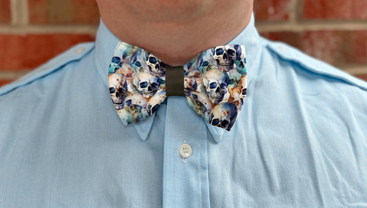 Watercolor Skulls Boys Bow Tie with Purple Ribbon • Artistic Skull Pattern • Boy Bow Tie • Mens Bow Tie • Handmade