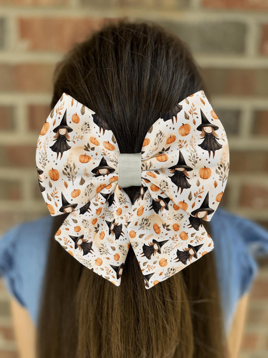 Witches & Pumpkins Fall Hair Bow • Cute Halloween Witches and Pumpkin Design •  21 Ribbon Colors • Girl Hair Bow • Women Hair Bow • Handmade