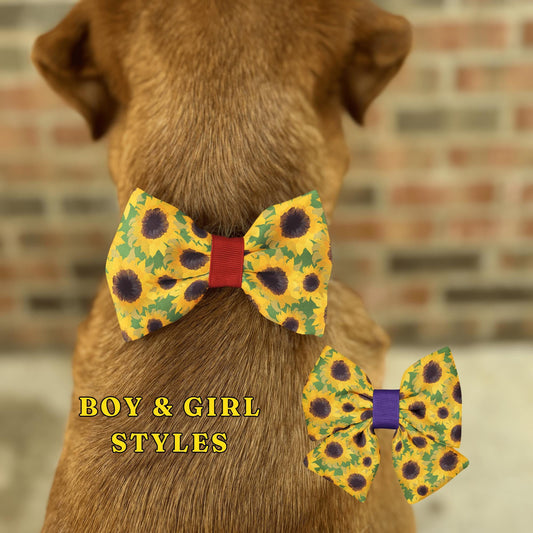 Sunflower Pet Bow Tie • Vibrant Sunflowers Pattern • Slip-On Design for Any Collar • 21 Ribbon Colors • Dog Bow Tie • Cat Bow Tie • Handmade