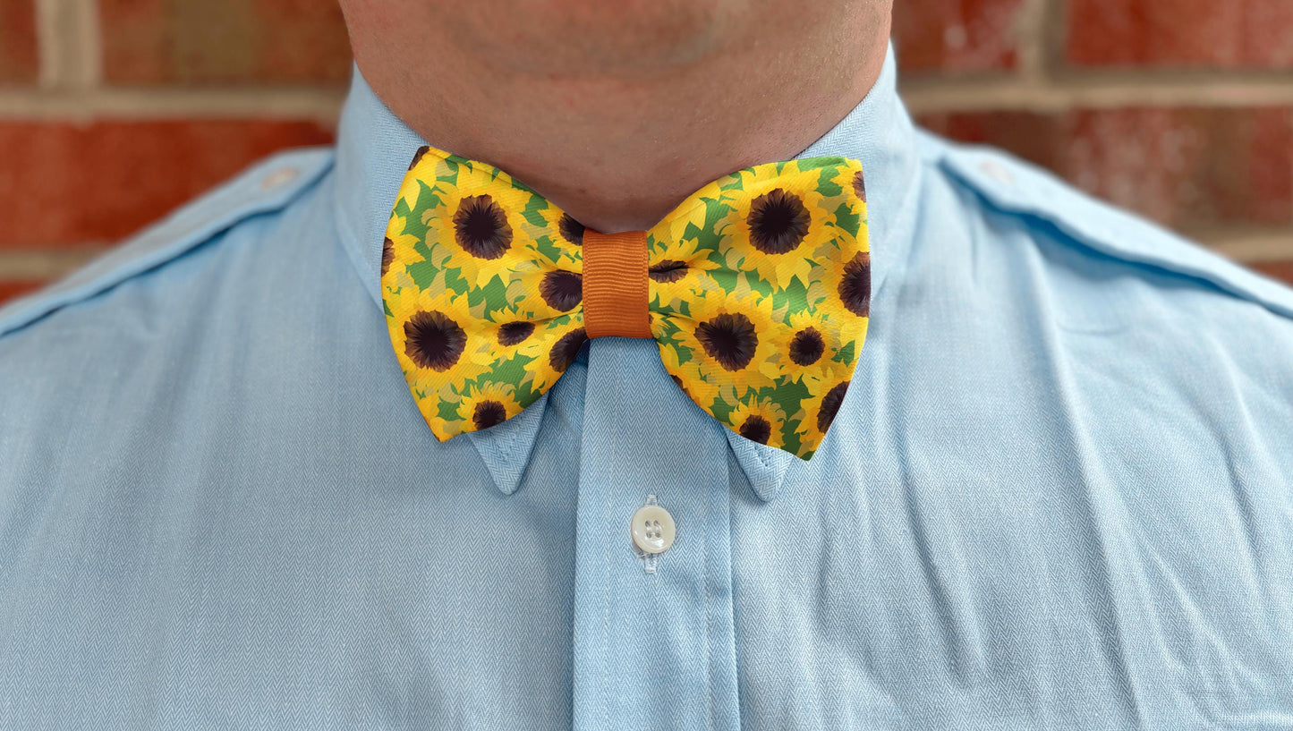 Sunflower Pattern Bow Tie with Adjustable Elastic Strap in 21 Ribbon Colors • Boy Bow Tie • Men's Bow Tie • Handmade
