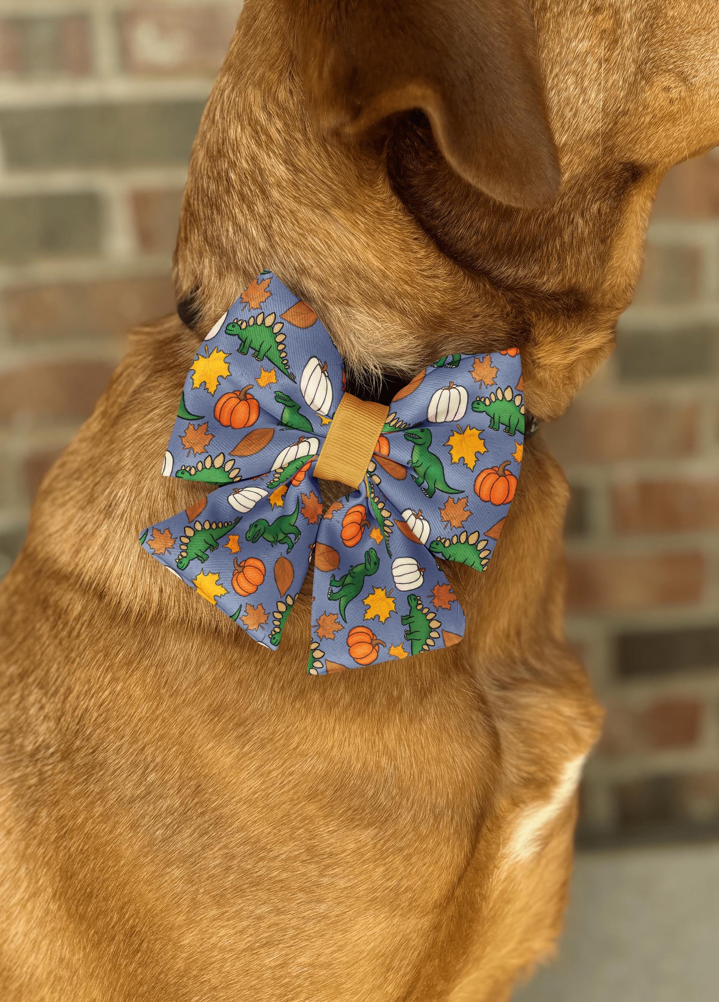 Autumn Dinosaur Dog & Cat Bow Tie • Green Dinosaurs • Pumpkins and Fall Leaves • 21 Ribbon Colors • Dog Bow Tie • Cat Bow Tie • Handmade