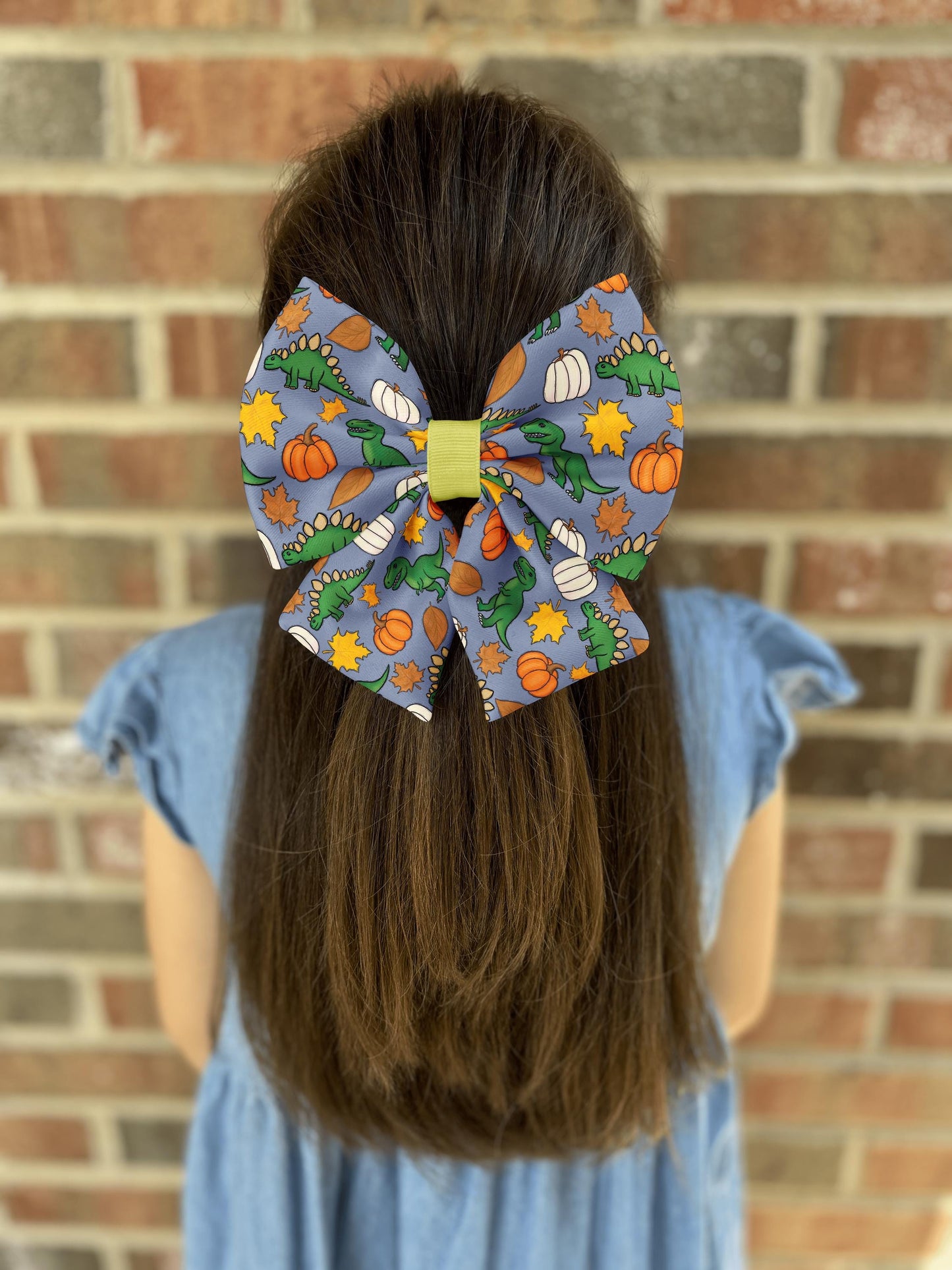 Autumn Dinosaur Hair Bow with Green Dinosaurs & Pumpkins • 21 Ribbon Colors • Girl Hair Bow • Women Hair Bow • Handmade
