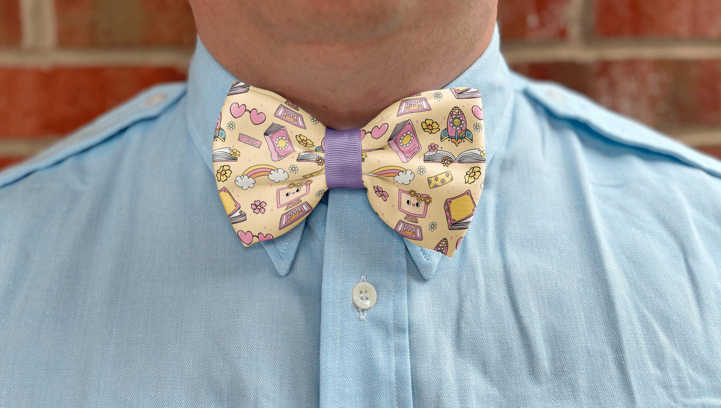 Back-to-School Blossoms Bow Tie • Colorful School-Themed Pattern with Books, Computers, Pencils • Boy Bow Tie • Mens Bow Tie • Handmade