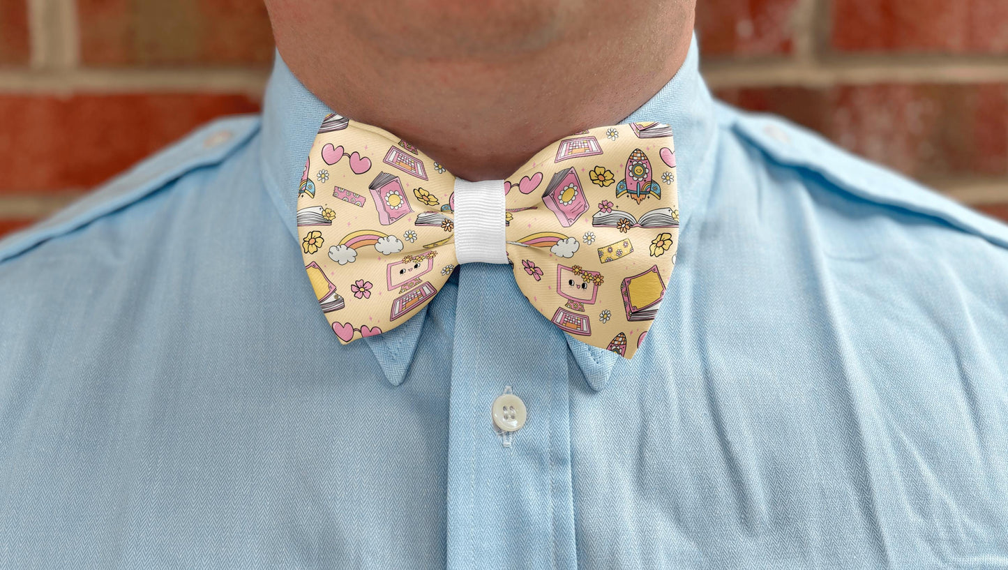 Back-to-School Blossoms Bow Tie • Colorful School-Themed Pattern with Books, Computers, Pencils • Boy Bow Tie • Mens Bow Tie • Handmade