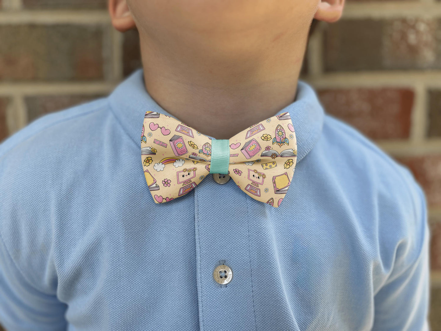 Back-to-School Blossoms Bow Tie • Colorful School-Themed Pattern with Books, Computers, Pencils • Boy Bow Tie • Mens Bow Tie • Handmade