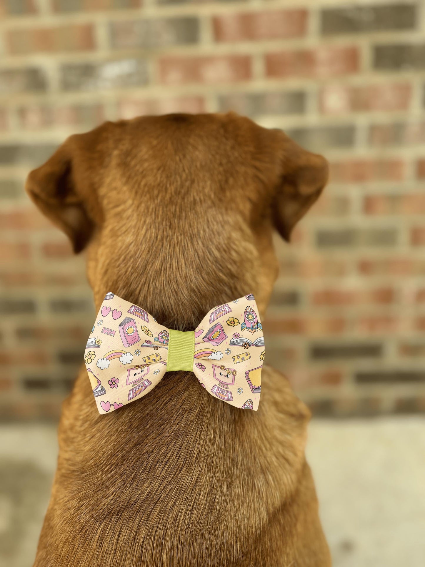 Back-to-School Blossoms Pet Bow Tie • Colorful School-Themed Pattern with Books, Computers, Pencils • Dog Bow Tie • Cat Bow Tie • Handmade