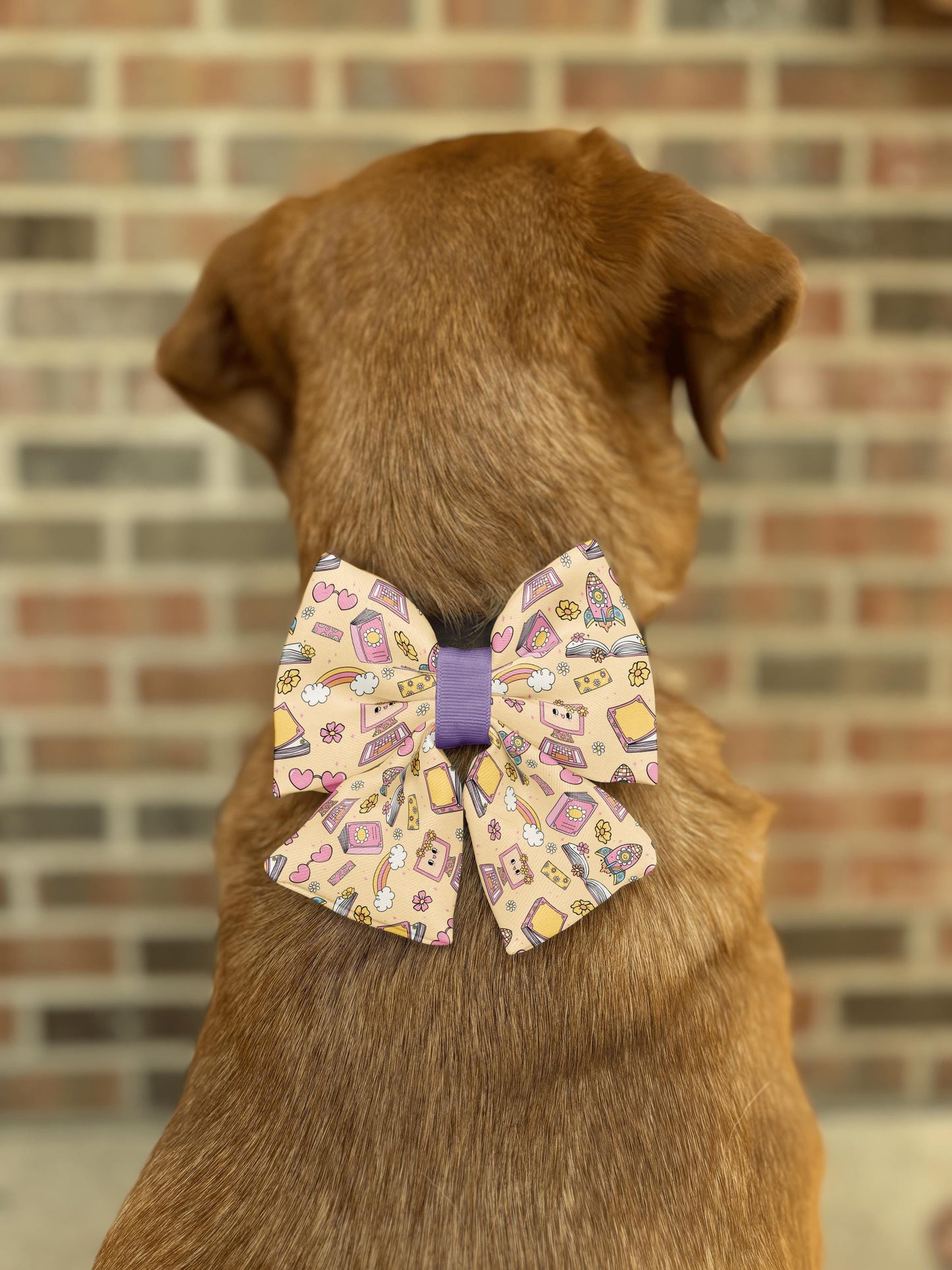 Back-to-School Blossoms Pet Bow Tie • Colorful School-Themed Pattern with Books, Computers, Pencils • Dog Bow Tie • Cat Bow Tie • Handmade