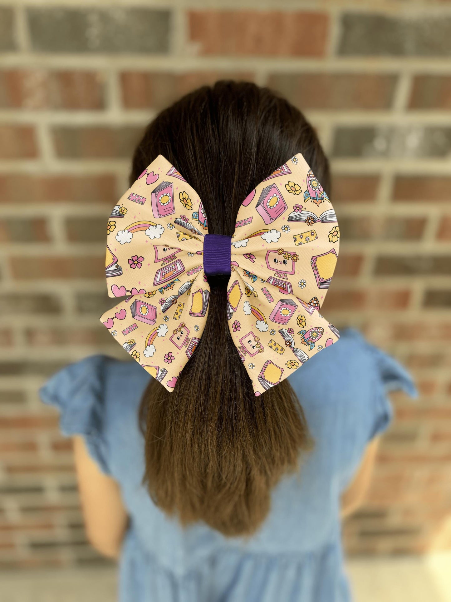 Back-to-School Blossoms Bow Tie • Colorful School-Themed Pattern with Books, Computers, Pencils • Girl Hair Bow • Women Hair Bow • Handmade