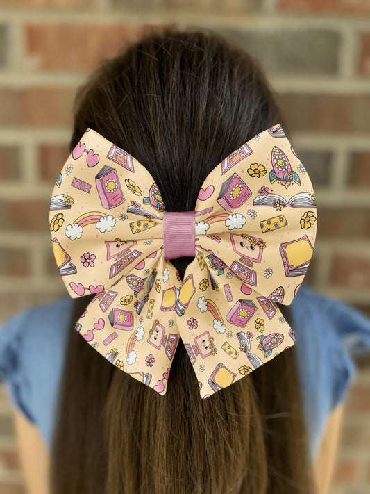 Back-to-School Blossoms Bow Tie • Colorful School-Themed Pattern with Books, Computers, Pencils • Girl Hair Bow • Women Hair Bow • Handmade