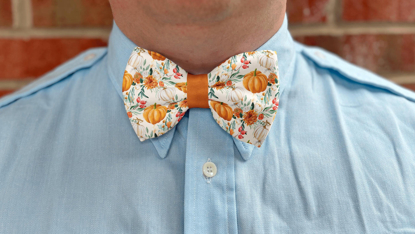 Autumn Bloom Pumpkin Bow Tie With Floral Design • Adjustable Sizes & Colors • Boy Bow Tie • Men's Bow Tie • Handmade