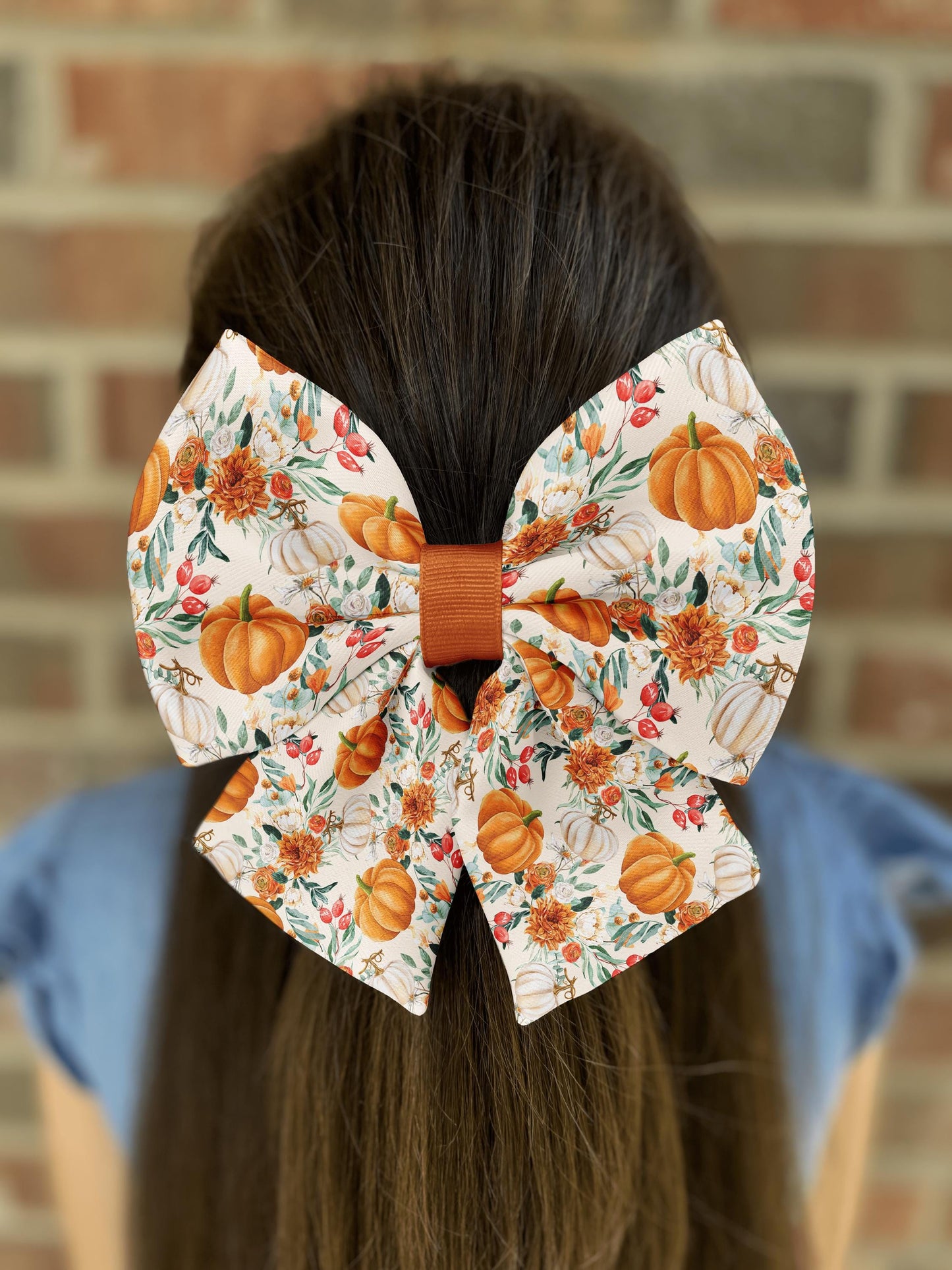Autumn Bloom Pumpkins Hair Bow with Floral Design • 21 Color Options • Rustic Fall Accessories • Girl Hair Bow • Women Hair Bow • Handmade