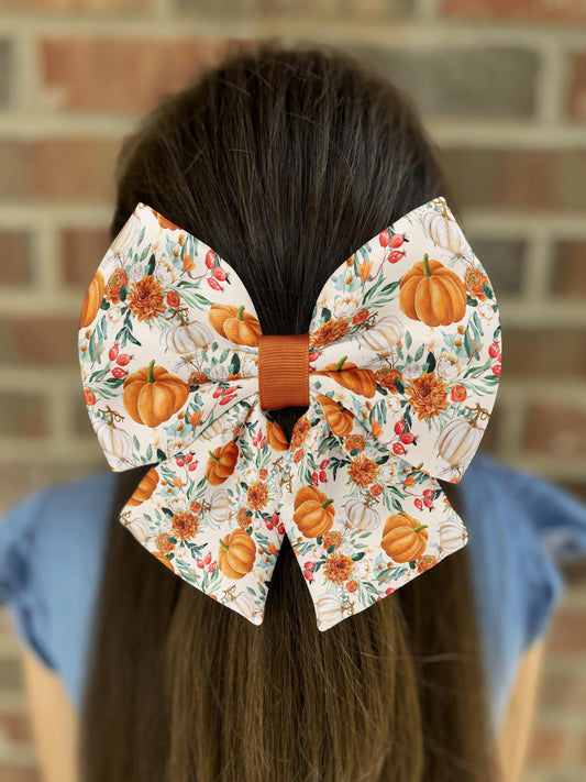 Autumn Bloom Pumpkins Hair Bow with Floral Design • 21 Color Options • Rustic Fall Accessories • Girl Hair Bow • Women Hair Bow • Handmade