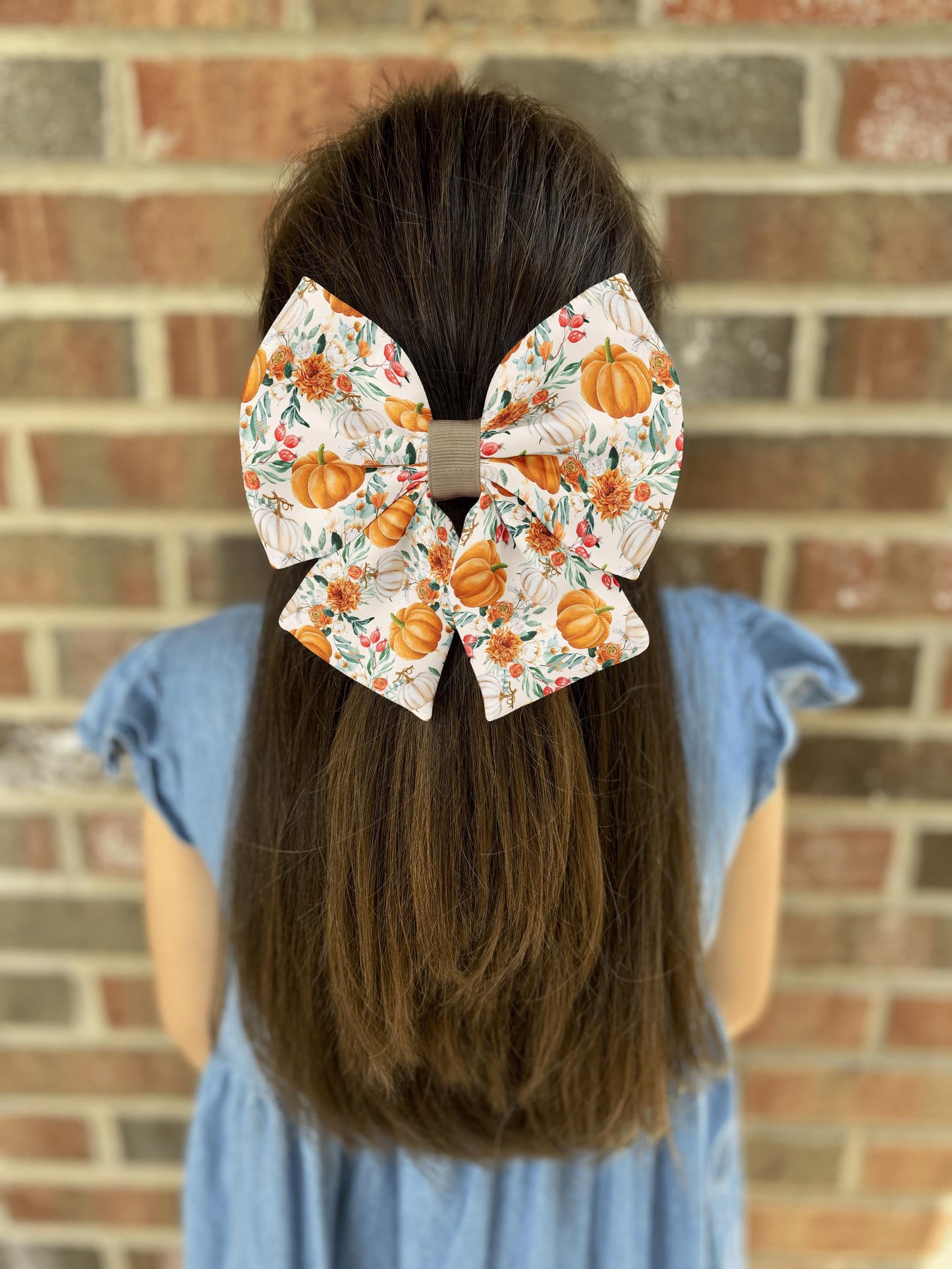 Autumn Bloom Pumpkins Hair Bow with Floral Design • 21 Color Options • Rustic Fall Accessories • Girl Hair Bow • Women Hair Bow • Handmade