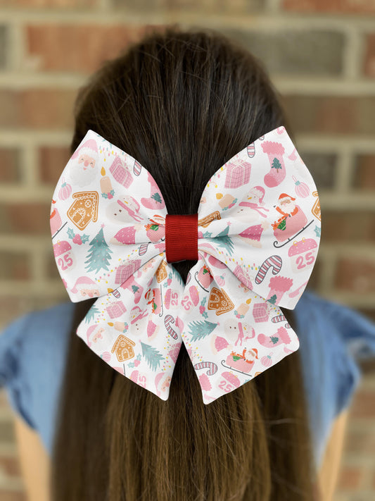 Christmas Santa Girl Hair Bow • Candy Canes & Gingerbread Coziness • Pastel Pink and Green • Girl Hair Bow • Women Hair Bow • Handmade