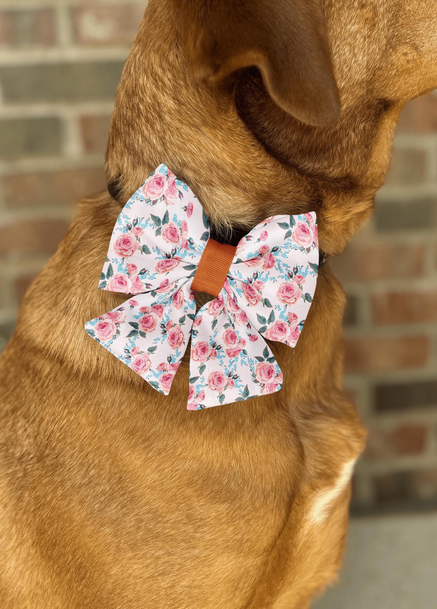Rose Elegance Floral Bow Tie • Romantic Pink Roses & Blue Forget-Me-Not Pattern • Dog Bow Tie • Cat Bow Tie • Handmade