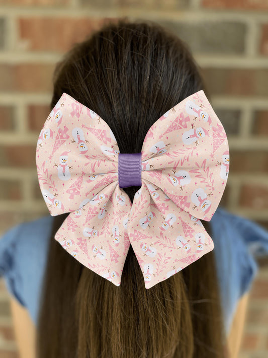 Blush Snowman Delight Hair Bow • Whimsical Winter Scene with Snowmen & Pastel Trees • Girl Hair Bow • Women Hair Bow • Handmade