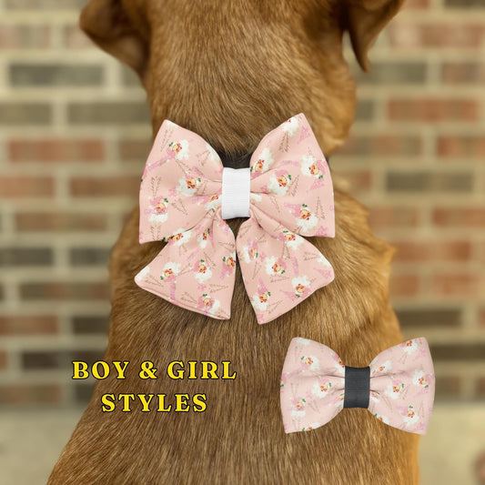 Blush Santa Cheer Pet Bow Tie • Vintage Christmas Design in Pink • 21 Ribbon Colors Available • Dog Bow Tie • Cat Bow Tie • Handmade