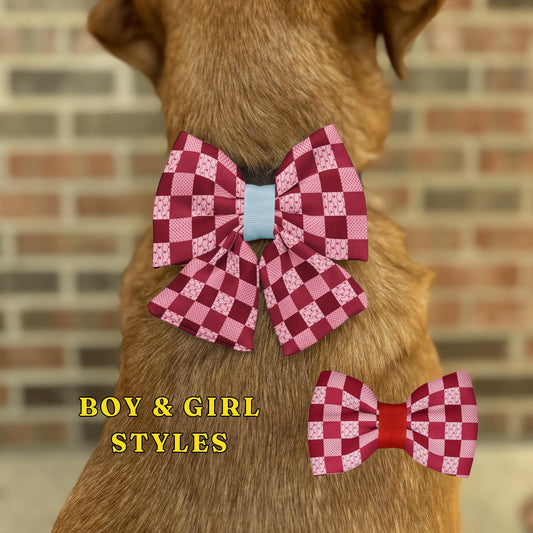 Sweetheart Patchwork Bow Tie • Whimsical Pink & Burgundy Hearts Design • Dog Bow Tie • Cat Bow Tie • Handmade