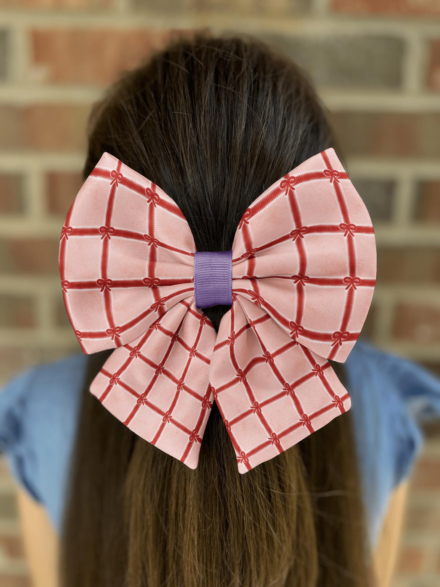 Gifted Love Hair Bow • Red Grid & Bow Pattern on Warm Coral-Pink Background • Girl Hair Bow • Women Hair Bow • Handmade