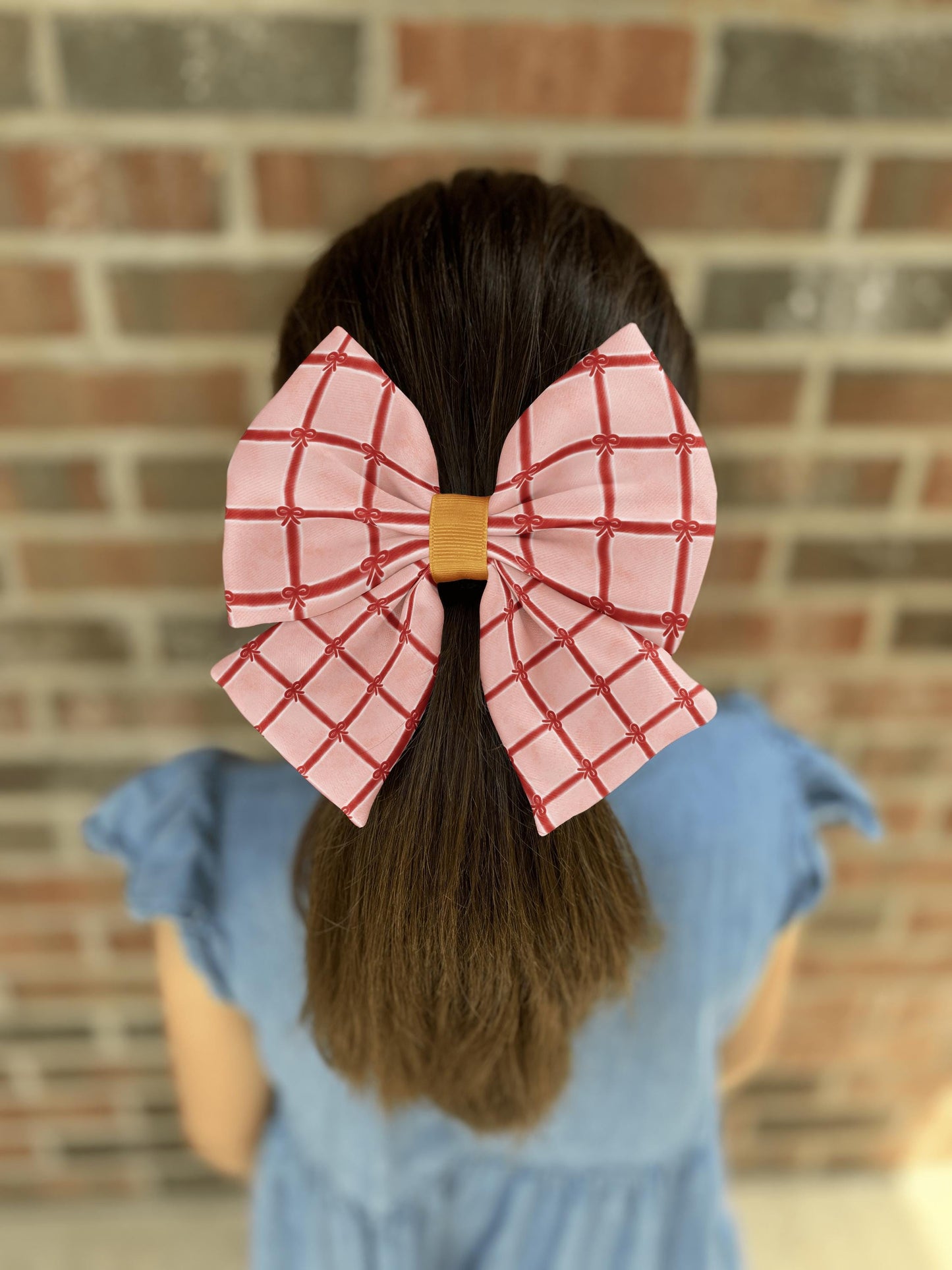 Gifted Love Hair Bow • Red Grid & Bow Pattern on Warm Coral-Pink Background • Girl Hair Bow • Women Hair Bow • Handmade