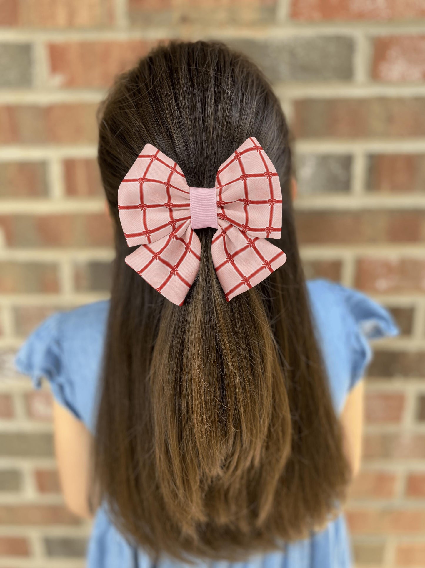 Gifted Love Hair Bow • Red Grid & Bow Pattern on Warm Coral-Pink Background • Girl Hair Bow • Women Hair Bow • Handmade