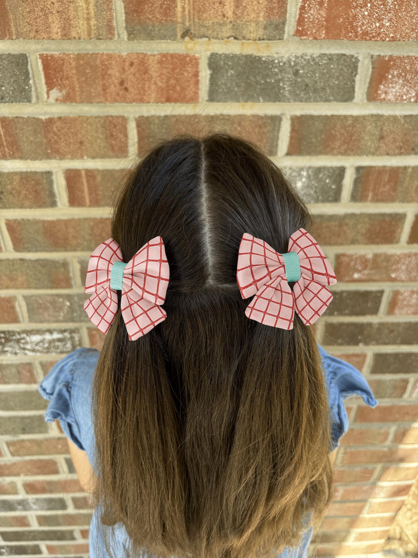 Gifted Love Hair Bow • Red Grid & Bow Pattern on Warm Coral-Pink Background • Girl Hair Bow • Women Hair Bow • Handmade