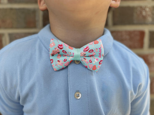 Valentine's Cupid Love Bow Tie • Aqua Blue Hearts & Cupids Design • Boy Bow Tie • Men's Bow Tie • Handmade