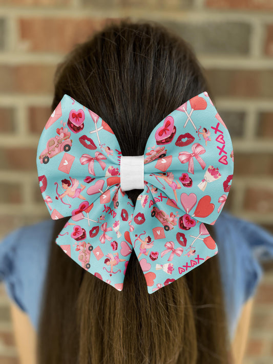 Valentine's Cupid Love Hair Bow • Aqua Blue Hearts & Cupids Design • Girl Hair Bow • Women Hair Bow • Handmade