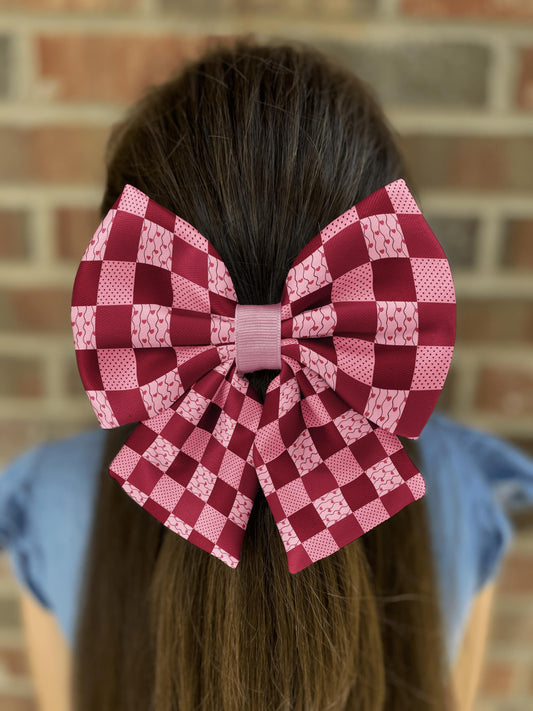 Sweetheart Patchwork Hair Bow • Whimsical Pink & Burgundy Hearts Design • Girl Hair Bow • Women Hair Bow • Handmade