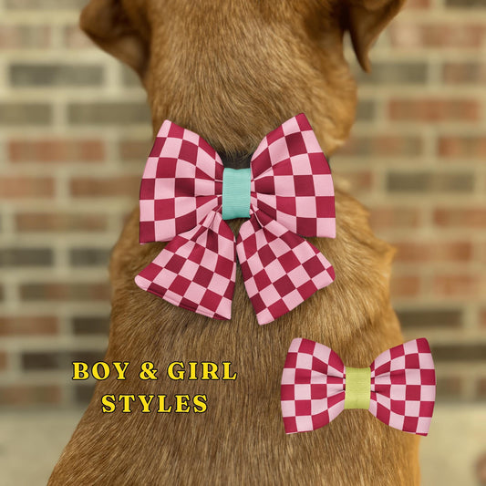 Blush Checkmate Bow Tie • Classic Pink Burgundy Checkerboard • Dog Bow Tie • Cat Bow Tie • Handmade